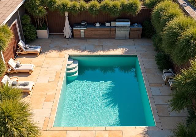 A sprawling backyard with a pool, outdoor kitchen, and native coastal grasses.