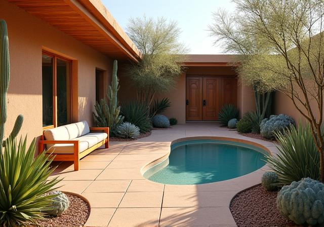 A tranquil courtyard with drought-tolerant plants, a small water feature, and shaded seating.