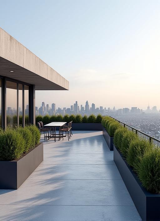A sleek rooftop terrace with minimalist planters, modern furniture, and cityscape views.