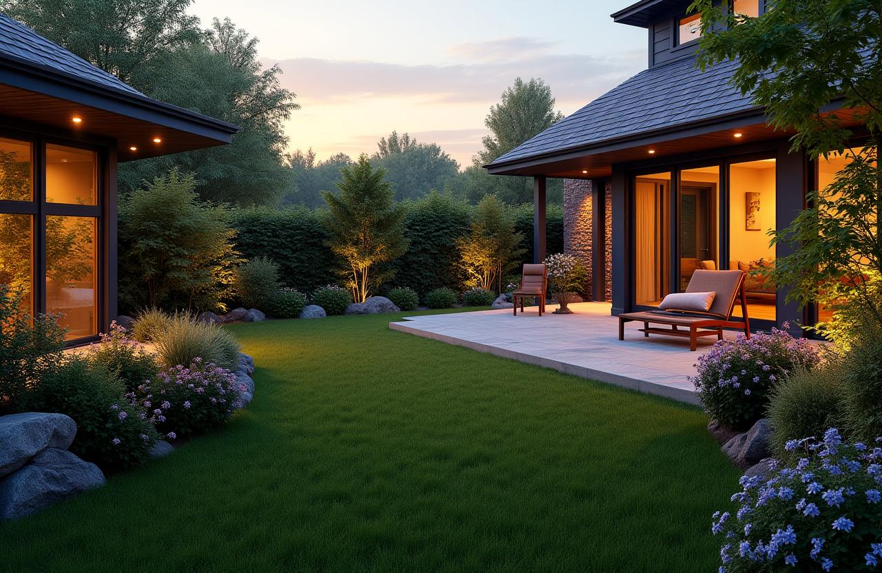 A beautiful, modern backyard with a lush lawn, stone patio, and vibrant flower beds at dusk.