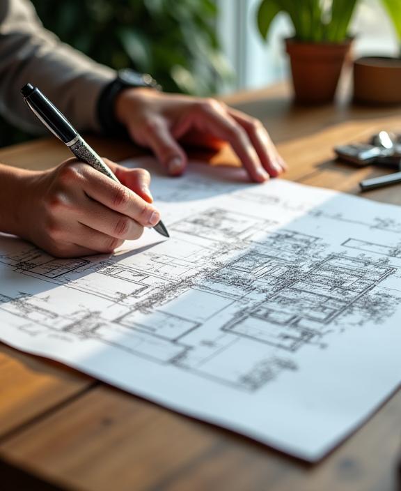 A landscape designer sketching a detailed plan on a rustic wooden table.