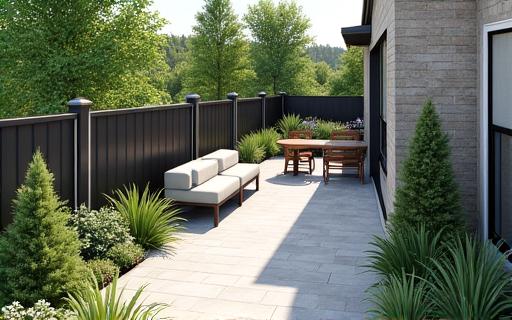 A detailed 3D rendering of a residential garden and patio design.