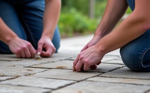 Craftsmen meticulously laying a natural stone patio.