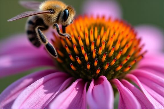 A close-up of a bee pollinating a native coneflower.